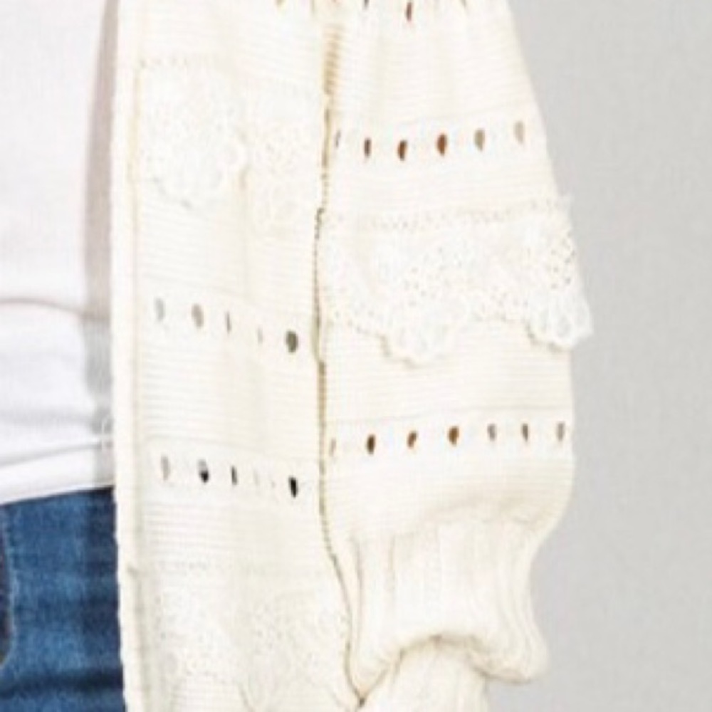 White Long Sleeve Solid Knit Cardigan With Eyelet Detail